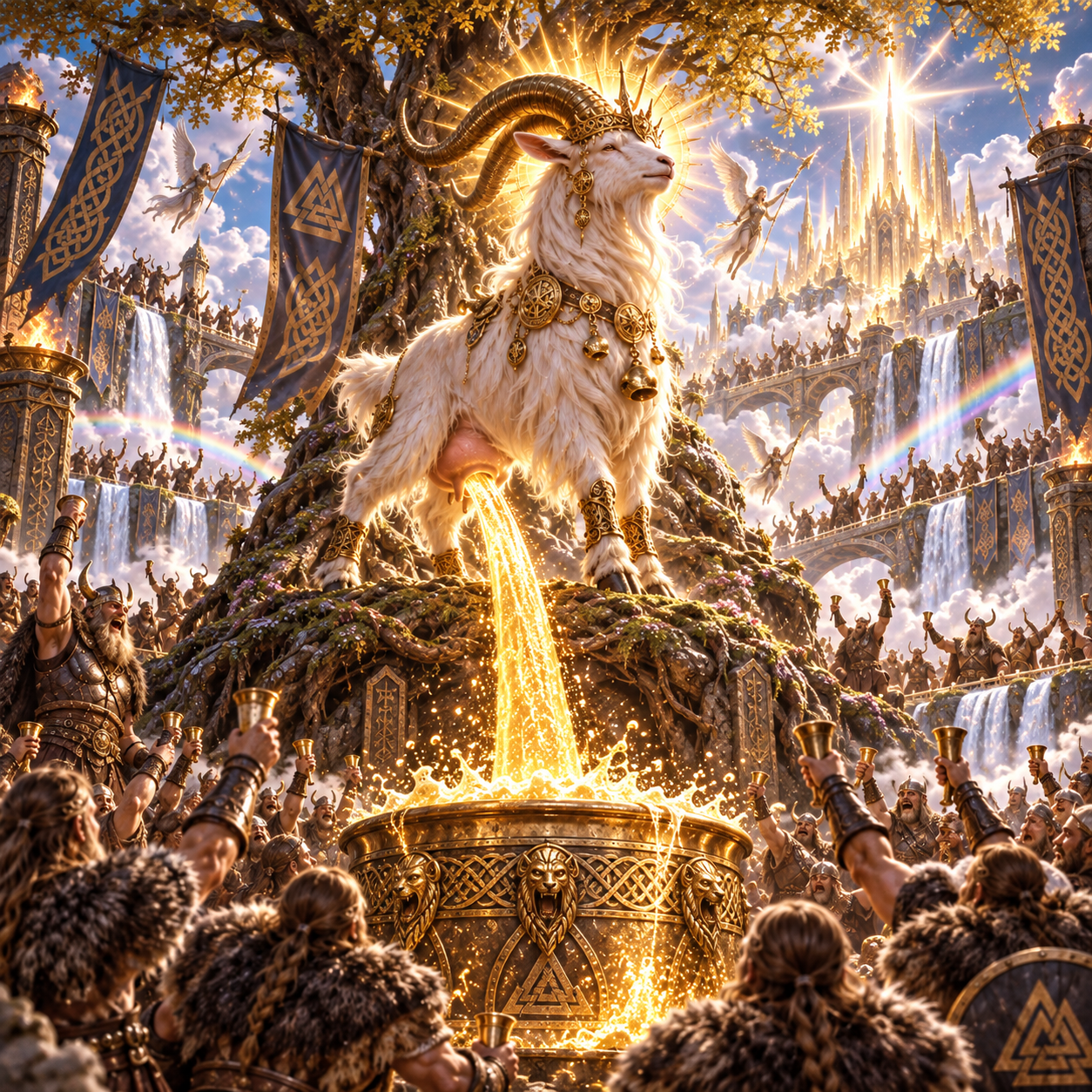 The goat Heiðrún on top of Valhalla, pouring golden mead into a huge cauldron while Viking warriors cheer