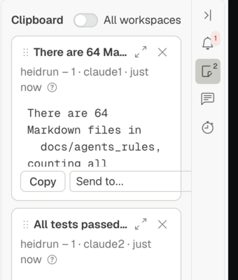 The Clipboard sidebar section with two notes pinned from the text of two terminals, each with its buttons Copy and Send to.