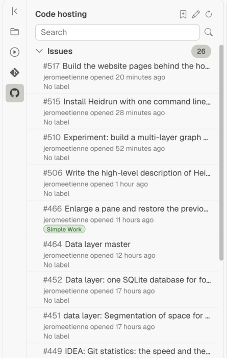 The Code hosting sidebar section with the search field and the list of the open issues of the repository.