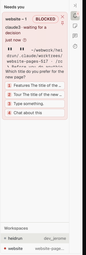 The Needs you sidebar section with the card of a blocked coding agent that asks which title to choose, and under it the list of the two workspaces with their Git branch.