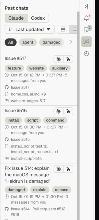 The Past chats sidebar section with the selector of the coding agent, the Chats sort dropdown menu, the dynamic topic bar, and four chats with their dynamic topics and their summary.