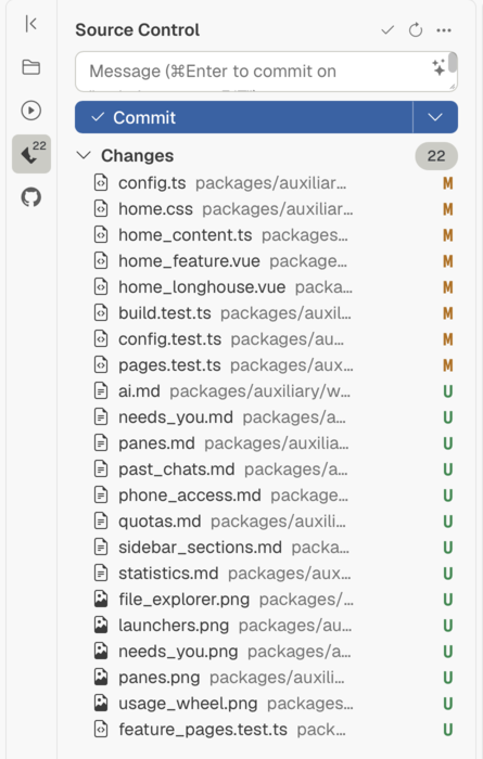 The Source control sidebar section with the commit message box, the commit button, and the list of the changed files.