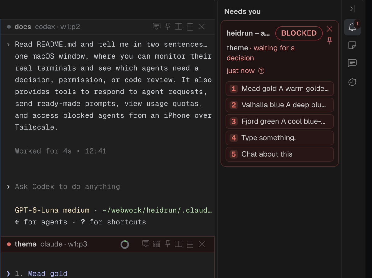 The Needs you sidebar section with the card of a blocked coding agent that waits for a decision, and its five answers as buttons.