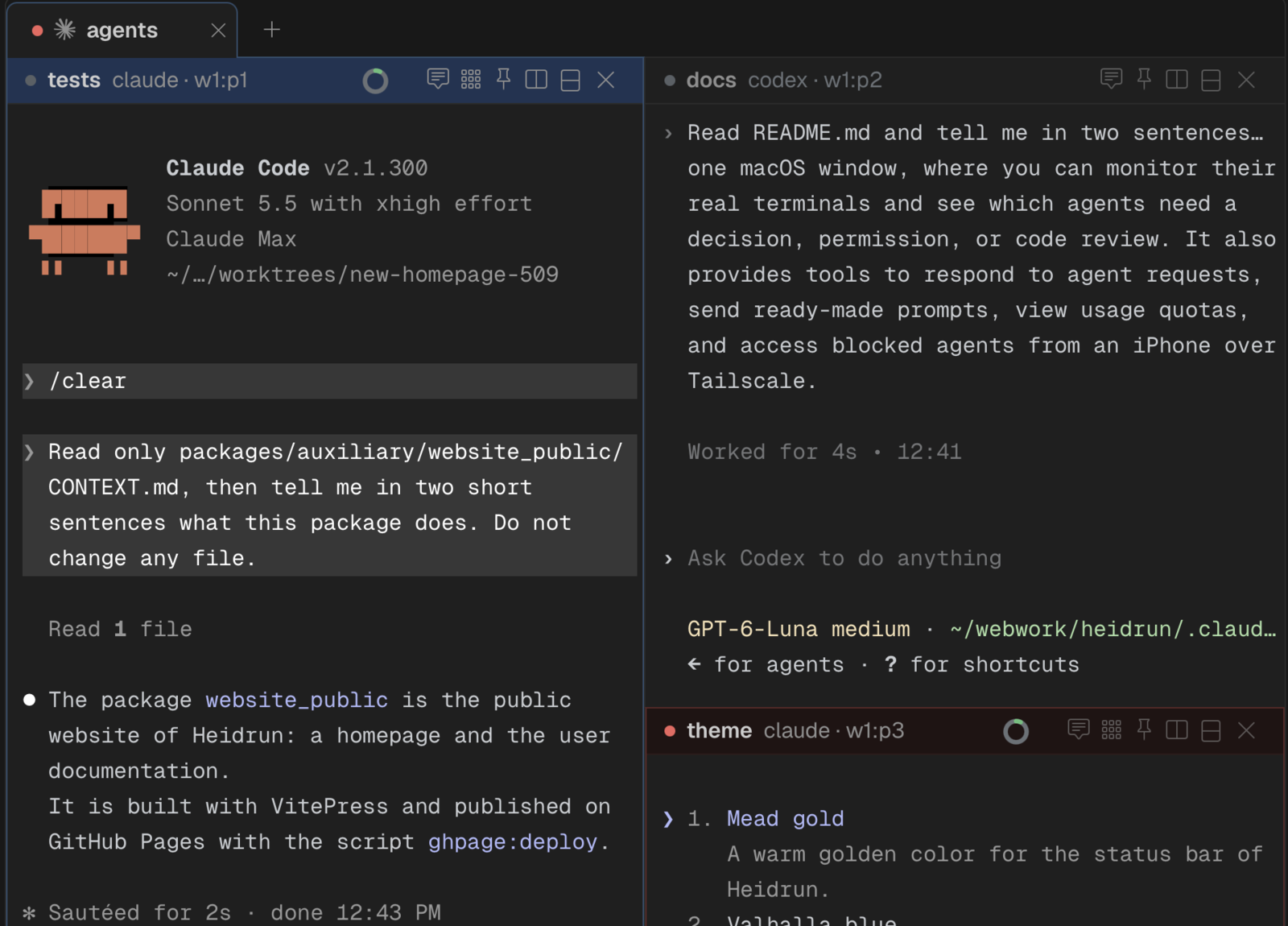Three panes in one tab: Claude Code on the left, Codex on the right, and under Codex a second Claude Code that waits for a decision.