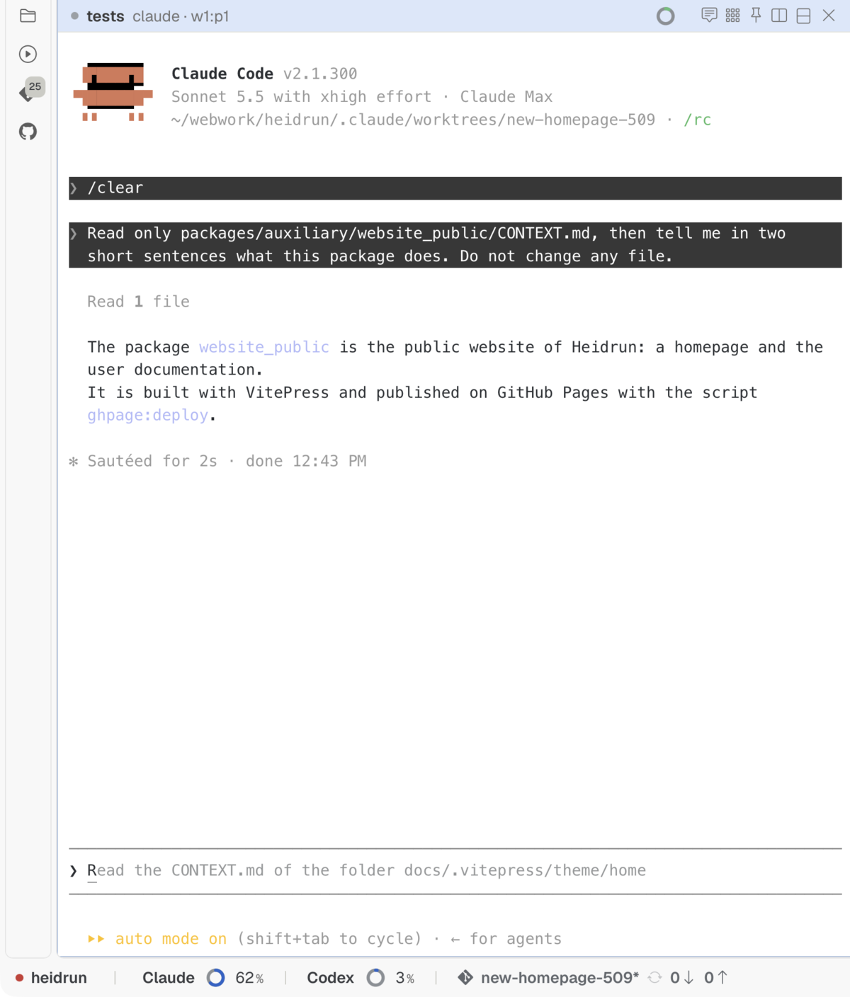 A Claude Code pane in the light theme, with its usage wheel in the header, and under it the status bar with the Claude quota at 62% and the Codex quota at 3%.