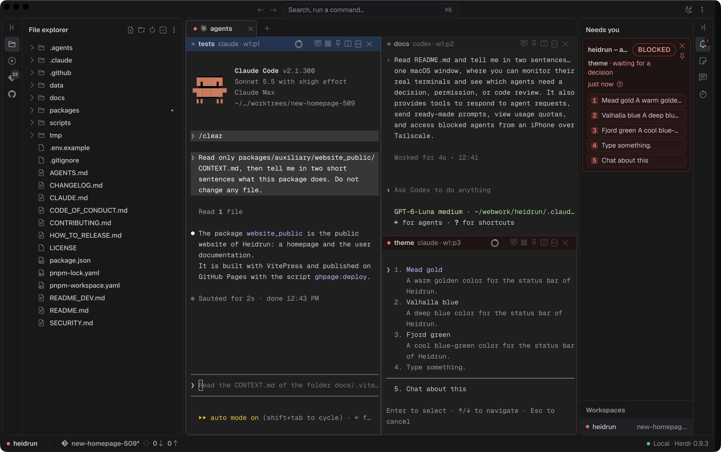 The Heidrun Code window in the dark theme: the File explorer sidebar section on the left, three panes with Claude Code and Codex in the middle, and a blocked coding agent in the Needs you sidebar section on the right.